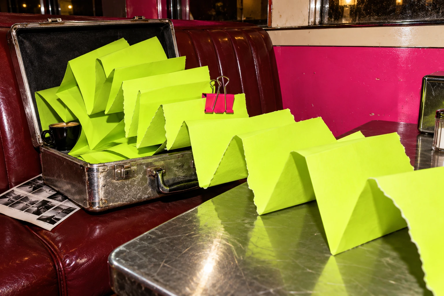 A metal briefcase overflowing with folded lime paper across a vintage diner table
