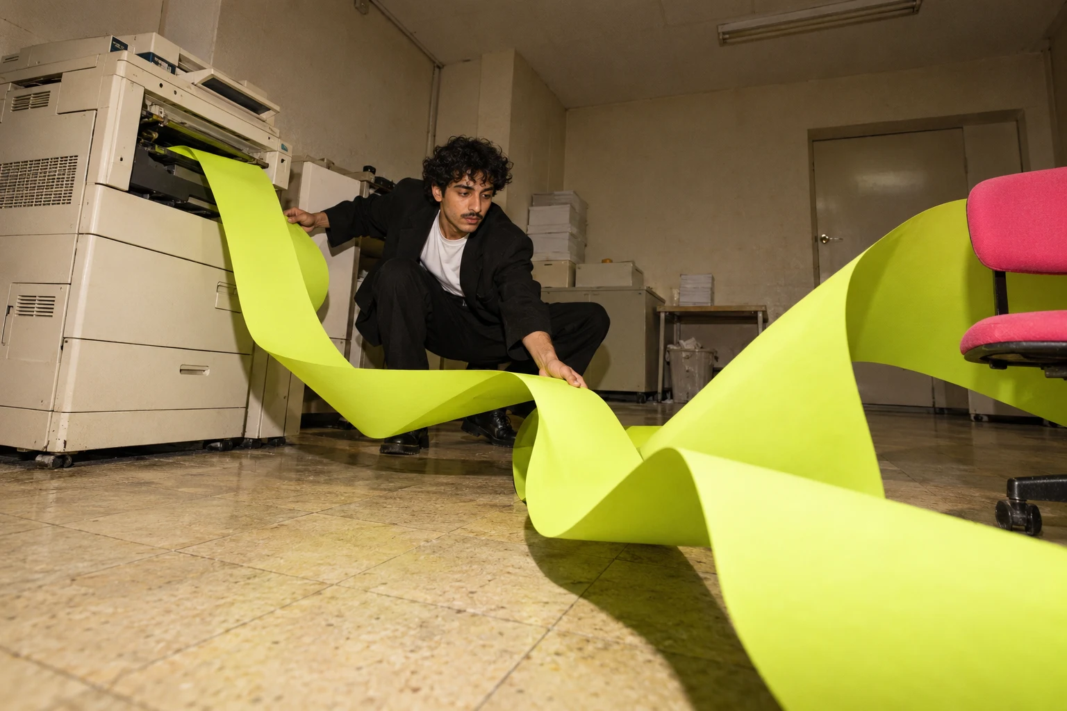 A lime paper roll overflowing from a vintage photocopier
