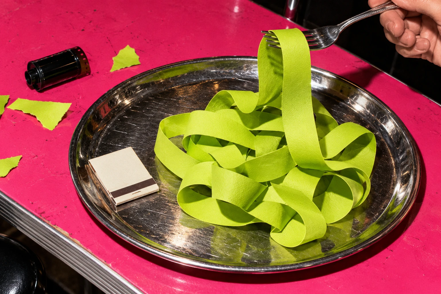 Lime paper ribbons on a diner tray with a fork in a retro diner scene